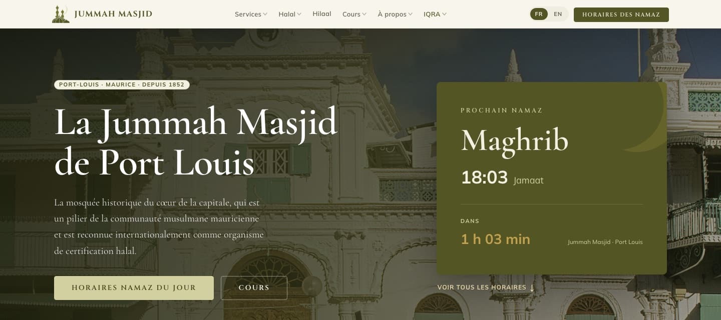 Screenshot of the Jummah Masjid website: heritage photograph of the mosque with a live next prayer card showing Maghrib and a countdown