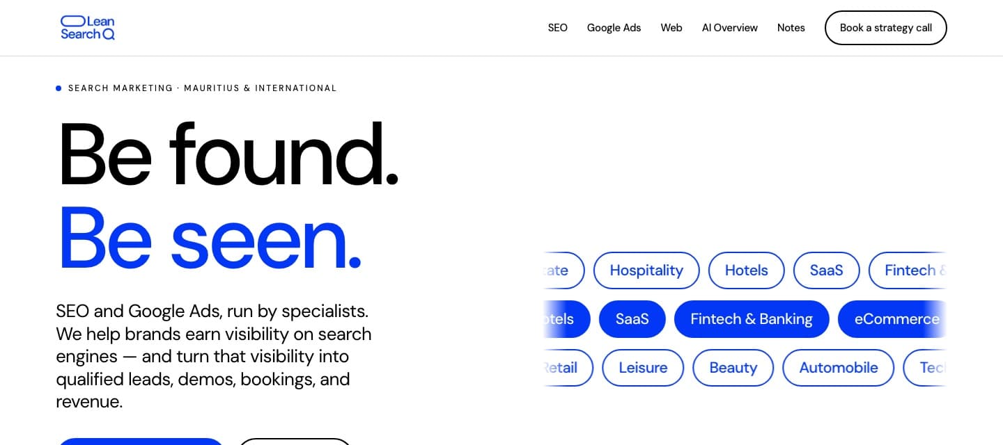 Screenshot of the Lean Search homepage: Be found. Be seen. headline with a Book a strategy call button and industry chips