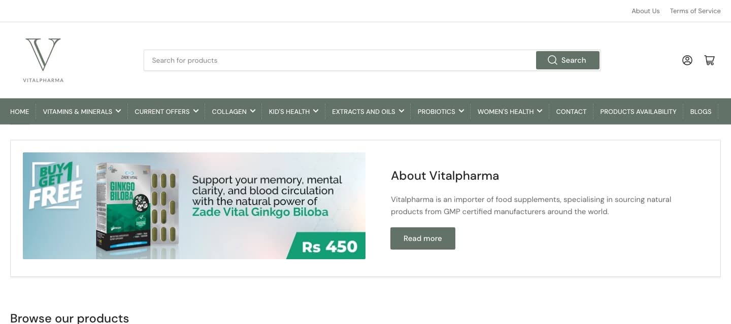 Screenshot of the Vitalpharma online store: product search, category navigation and offer banner